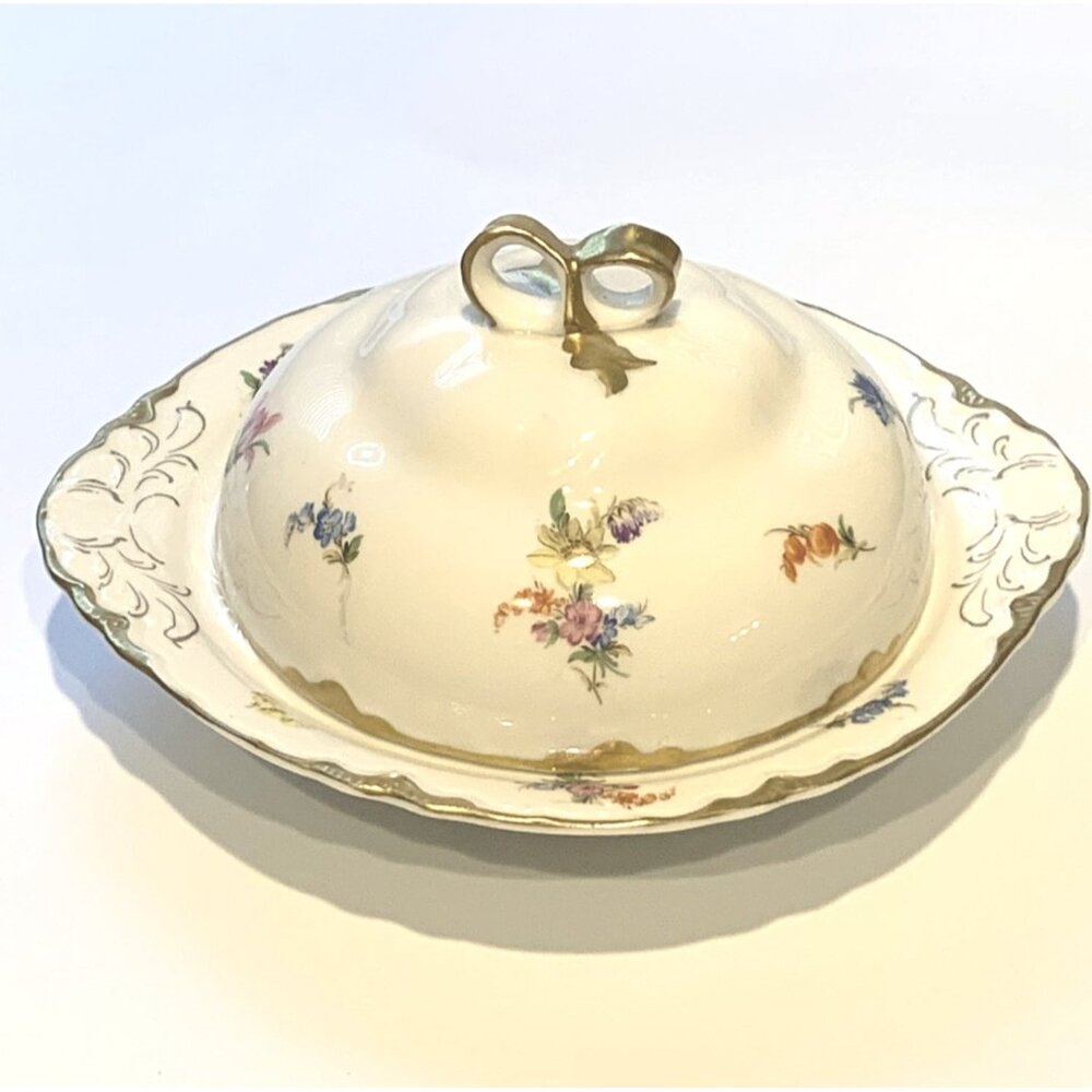 Vintage Dresden By Warwick Round Porcelain Floral Butter Dish With Lid & Gold Ha